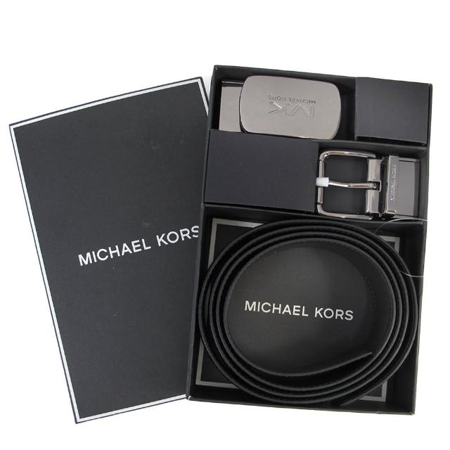 【Michael Kors】31MM 環扣+方牌雙頭全皮革雙面雙色皮帶禮盒(咖黑雙色)