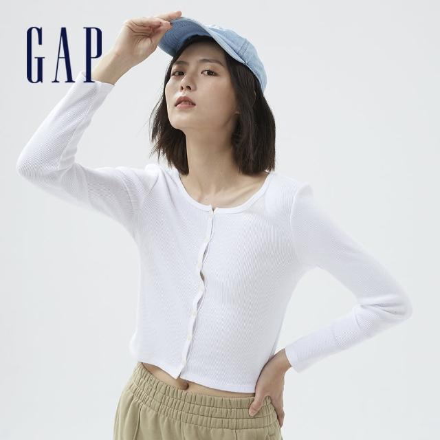 【GAP】女裝 純棉羅紋短款長袖T恤(757111-白色)