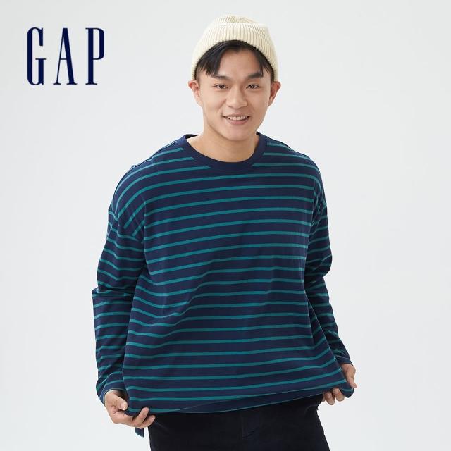 GAP【GAP】男裝 超寬鬆碳素軟磨長袖T恤(753409-綠色條紋)