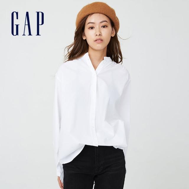 【GAP】女裝 純棉寬鬆圓領長袖襯衫(704254-白色)