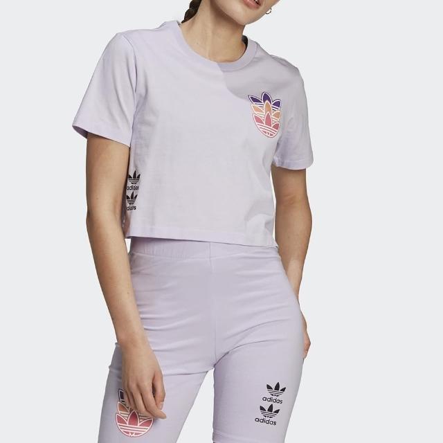 【adidas 愛迪達】上衣 女款 運動 短版 短袖上衣 三葉草 TEE 粉紫 H22754