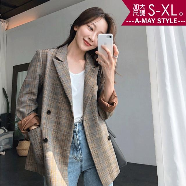 【Amay Style 艾美時尚】外套 女裝 經典格紋休閒風西裝外套。加大碼S-XL(咖啡.預購)