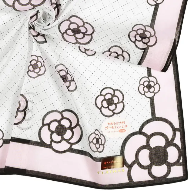 【CLATHAS】山茶花虛線格紋燙金LOGO純綿帕巾領巾(白色/粉色)