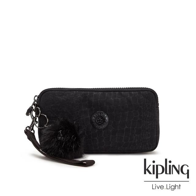 【KIPLING】時髦黑佐鱷魚紋手拿包-LOWIE