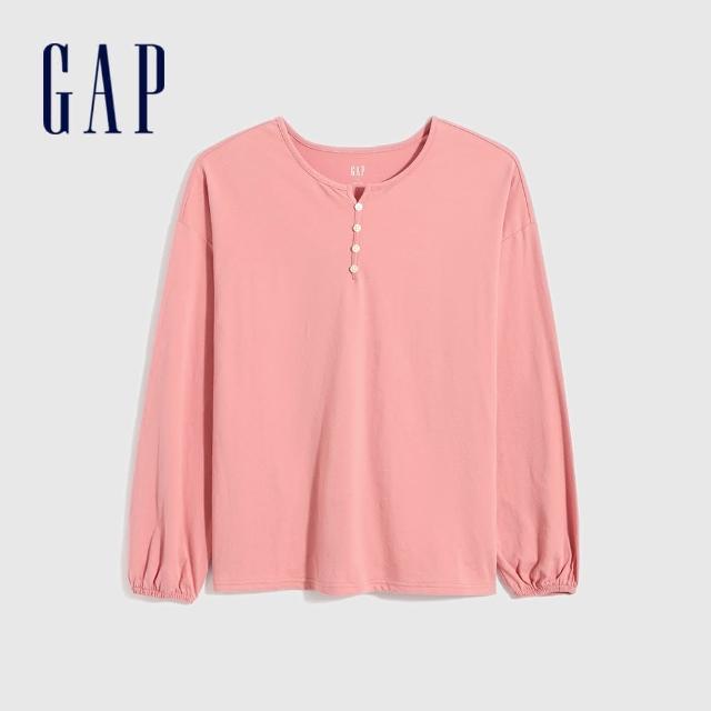 GAP【GAP】女裝 碳素軟磨系列 亨利領燈籠袖T恤(753693-粉色)