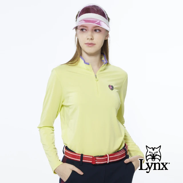 【Lynx Golf】女款遠紅外線保暖內刷毛彩色植絨LOGO長袖立領POLO衫(亮黃色)