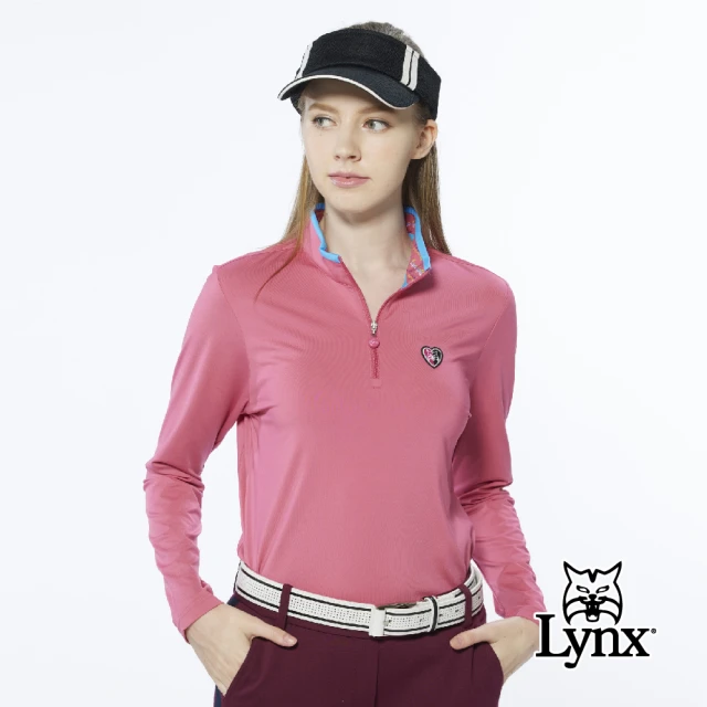 【Lynx Golf】女款遠紅外線保暖內刷毛彩色植絨LOGO長袖立領POLO衫(紅色)