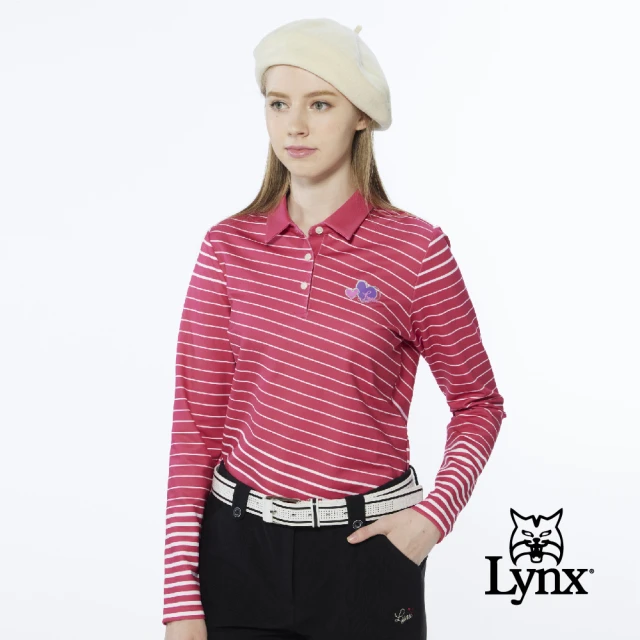 【Lynx Golf】女款合身版吸排抗UV內刷毛斜條紋後背愛心印花長袖POLO衫(桃紅色)