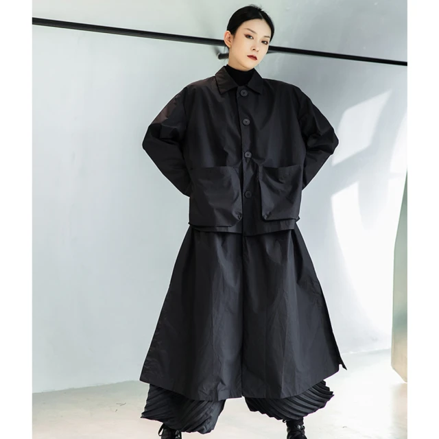 設計所在【設計所在】日式森系暗黑風韓版大口袋假兩件設計寬鬆薄風衣 Q-973(F)
