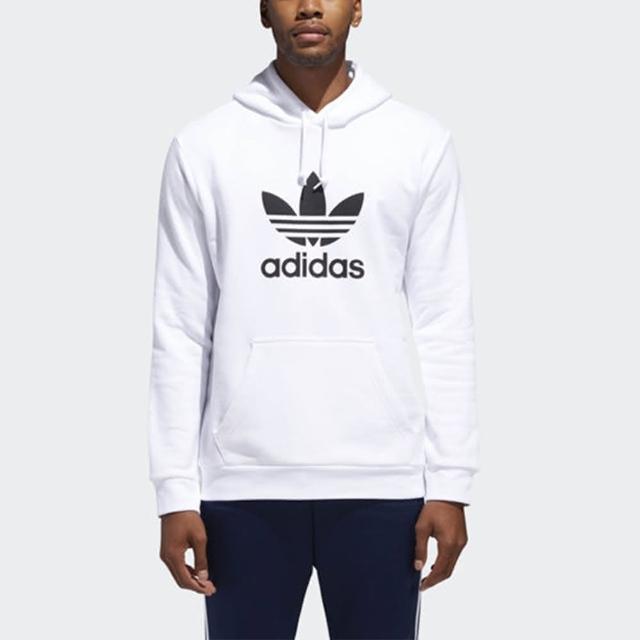 【adidas 愛迪達】上衣 男款 運動 連帽上衣 長袖上衣 三葉草 亞洲尺寸 TREFOIL HOODIE 白 DU7780