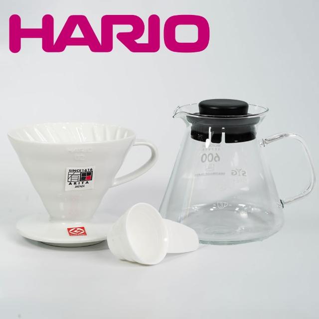 【HARIO】V60 有田燒陶瓷濾杯 白色 VDC-02W + SYG台玻耐熱玻璃咖啡壺600cc(日本製 V60 2-4人份)