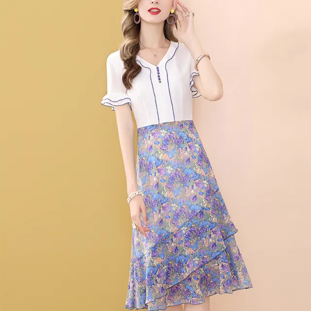 Fq 時尚天后 白衣紫線滾邊藍紫碎花長洋裝 S 2xl Momo購物網