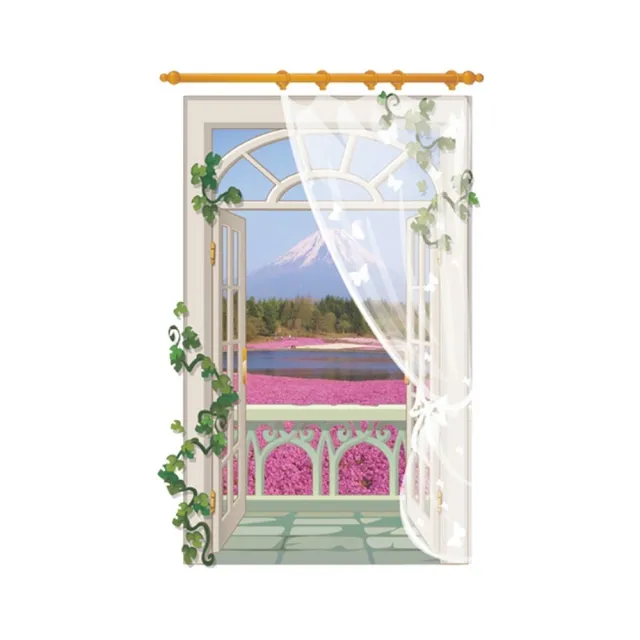 Kiret 長款開窗造型壁貼假窗無窗戶化解風水開運牆貼遠景櫻花富士山 90x60長型 壁貼牆貼 Momo購物網