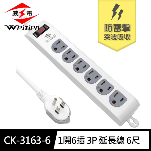 【威電】CK-3163-6 3孔1開6座 可壁掛 防雷擊 電腦線 延長線 6尺/1.8M(拉環插頭 好拔 過載斷電 電源線組)