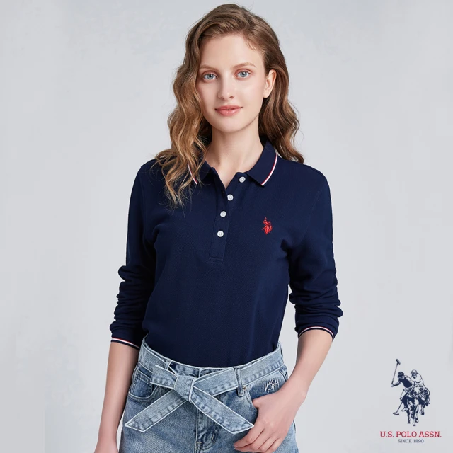 【U.S. POLO ASSN.】女款領口線條長袖POLO衫-深藍色(熱銷經典)