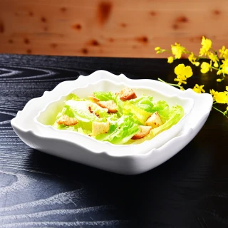 【YU Living 信歐傢居】花邊陶瓷方型沙拉碗盤二件組 餐盤(二件一組/方型/白色)