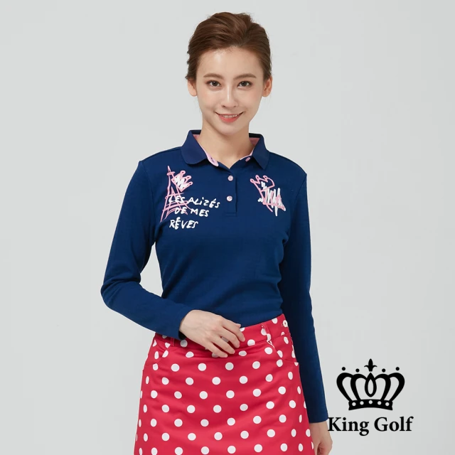 【KING GOLF】速達-女款巴黎鐵塔皇冠塗鴉印圖中厚款長袖POLO衫(藍色)