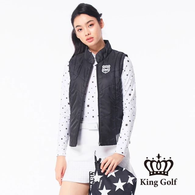 KING GOLF【KING GOLF】速達-女款盾牌刺繡下擺條紋拼接厚款鋪棉背心外套(黑色)