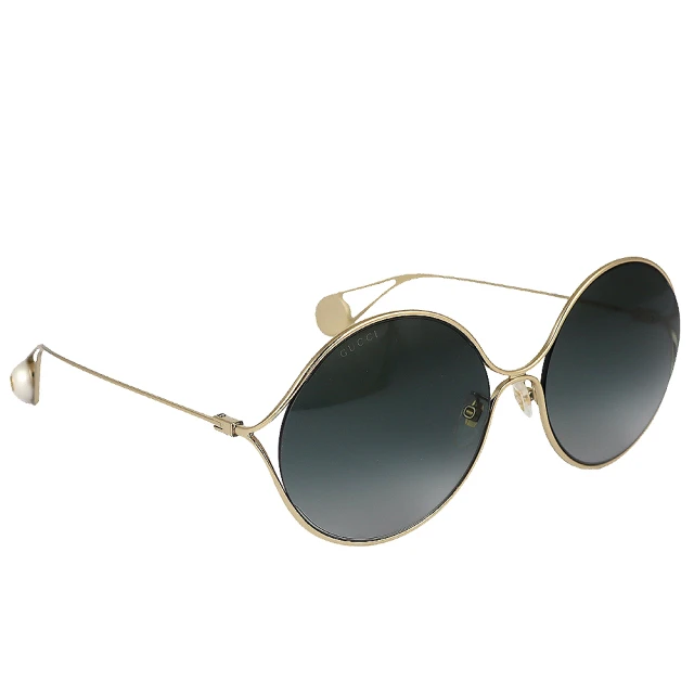 【GUCCI 古馳】金屬細框珍珠雙G標誌裝飾太陽眼鏡(金色)