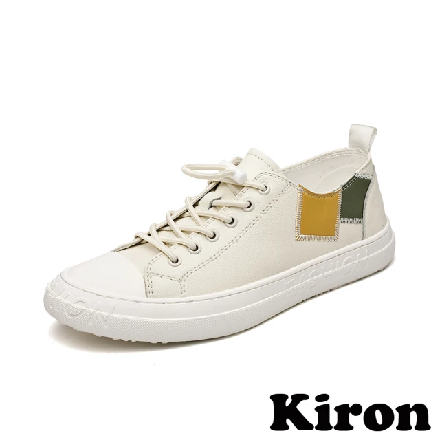 【Kiron】厚底板鞋 休閒鞋/復古色塊拼接時尚休閒板鞋-男鞋(米)