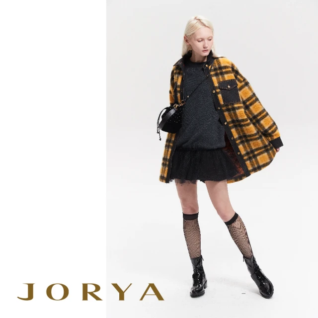 【JORYA】L1404904羅紋羊毛針織荷葉網紗長袖連身洋裝