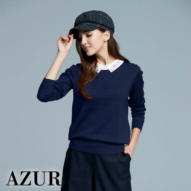 【AZUR】時尚女伶假兩件立體領片羊毛針織上衣