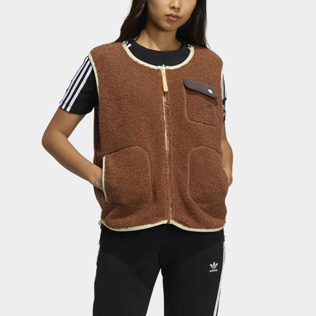 【adidas 愛迪達】背心 女 運動背心 毛布 保暖 三葉草 國際尺寸 CO Sherpa Vest 咖啡 HC0316