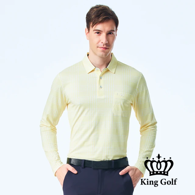 KING GOLF【KING GOLF】男款KG燙標滿版千鳥紋印圖薄款長袖口袋POLO衫(黃色)