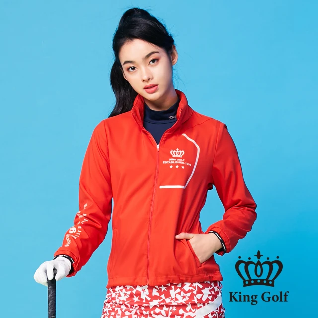 【KING GOLF】文字印圖可收式防風防潑水輕薄連帽外套(紅色)