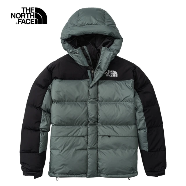 【The North Face】北面UE男款灰綠撞色保暖休閒連帽羽絨外套｜4QYXHBS