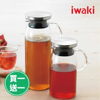 【iwaki】日本品牌不鏽鋼系列玻璃把手耐熱玻璃水壺-600ml+1000ml(買一送一)