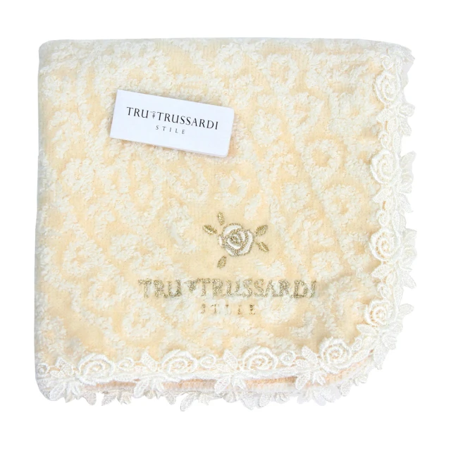 【TRUSSARDI】立體花樣底紋+蕾絲玫瑰花樣飾邊純棉方巾(米黃色)