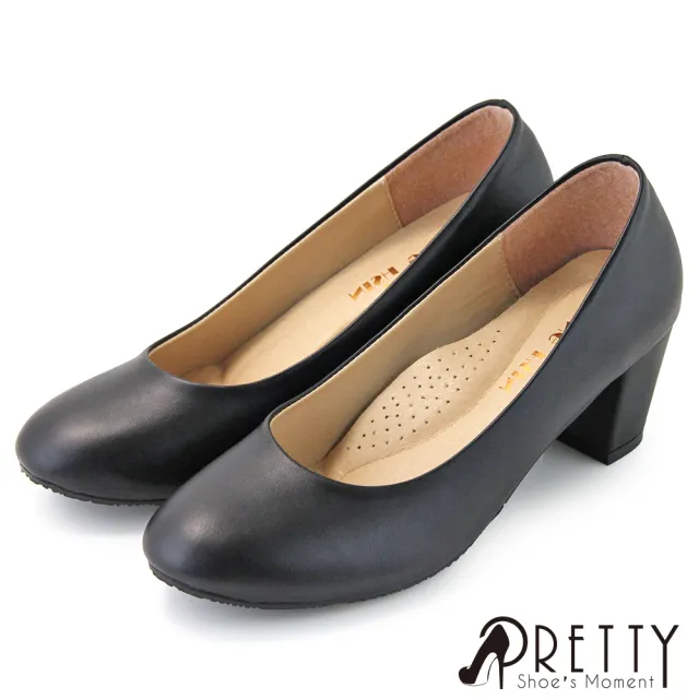 【Pretty】OL小資通勤面試素面高粗跟包鞋(黑色)
