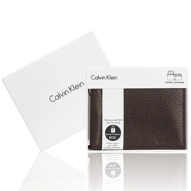 【Calvin Klein】荔枝紋皮革證件短夾精裝禮盒(深咖啡)