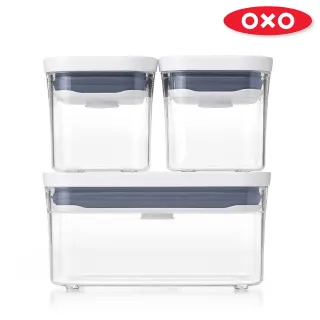 【美國OXO】POP按壓保鮮盒雙禮盒組（限量福利品）(長方2.6L+1.6L+0.6L+POP匙+小正方0.2Lx2+細長方0.4L)
