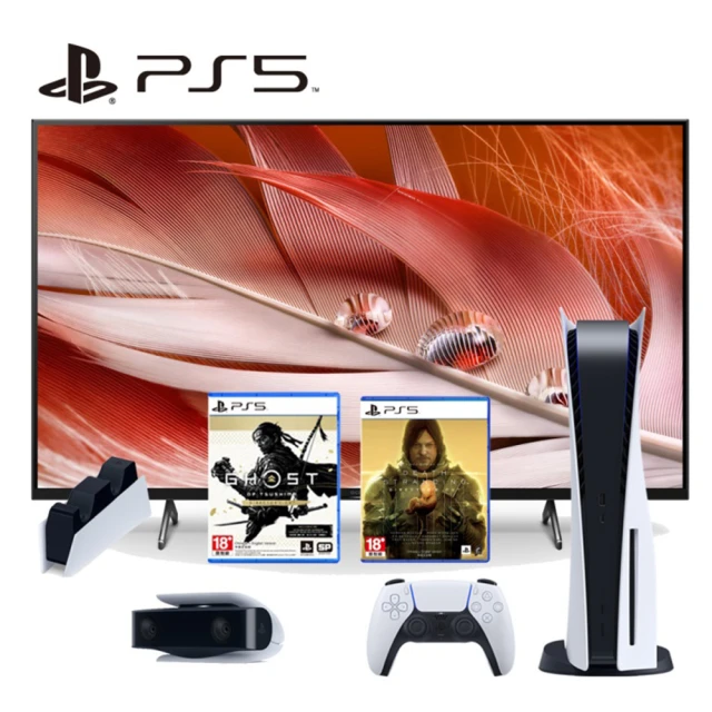 SONY 索尼【SONY 索尼】PS5光碟版主機+ 55型4K Google TV(XRM-55X90J)+PS5攝影機+PS5對馬戰鬼+PS5死亡擱淺+PS5充電座