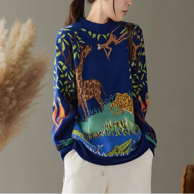 設計所在【設計所在】藍色森林動物園套頭安哥拉毛衣針織衫 Y13694(F)
