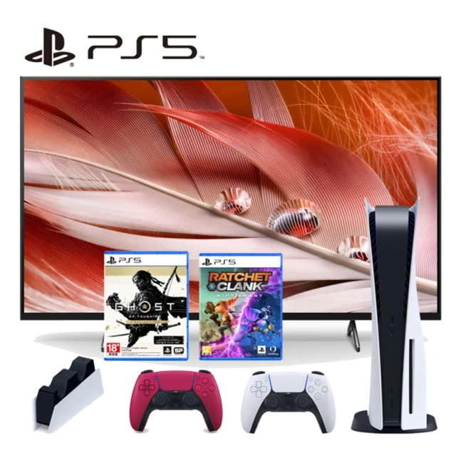 SONY 索尼【SONY 索尼】PS5光碟版主機+ 55型4K Google TV(XRM-55X90J)+PS5傑拉特和克拉克+無線控制器(星塵紅)+充電座