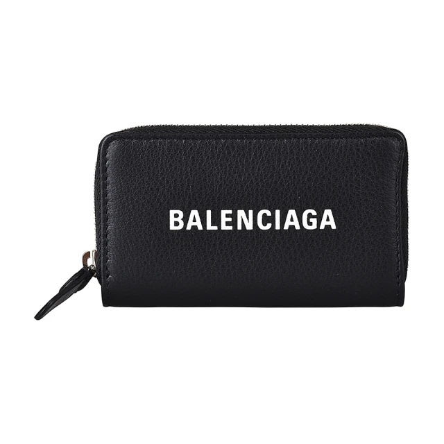 【Balenciaga 巴黎世家】BALENCIAGA 巴黎世家 EVERYDAY白字LOGO牛皮拉鍊卡片零錢包(黑)
