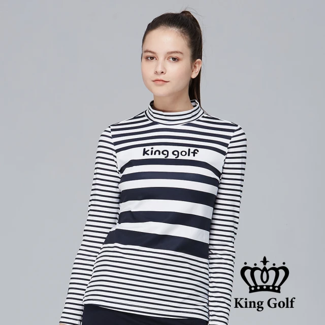 KING GOLF【KING GOLF】粗細橫條紋印花刺繡小立領長袖POLO衫(丈青)