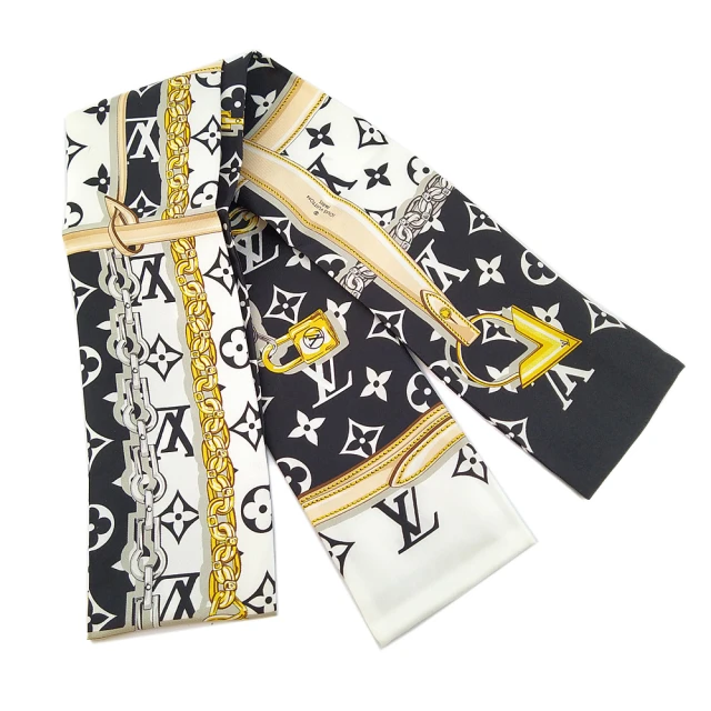 【Louis Vuitton 路易威登】黑白雙色字紋與鍊帶鎖釦印花長絲巾