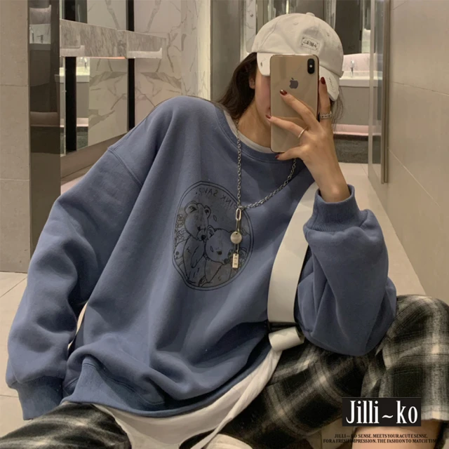 【JILLI-KO】小熊圖案厚款衛衣-F(藍)