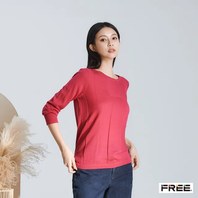 【FREE】素色方塊織紋羊絨衫(桃紅/深黃)