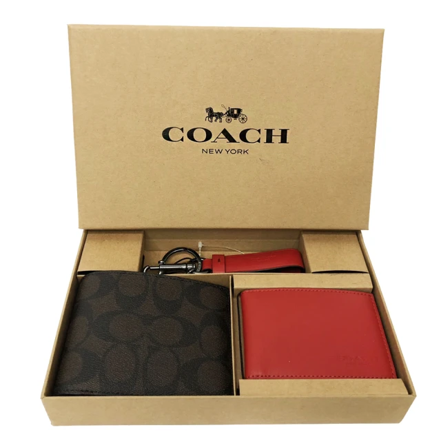 COACH【COACH】C LOGO男款8卡活動證件夾短夾附鑰匙圈禮盒(深咖/紅)