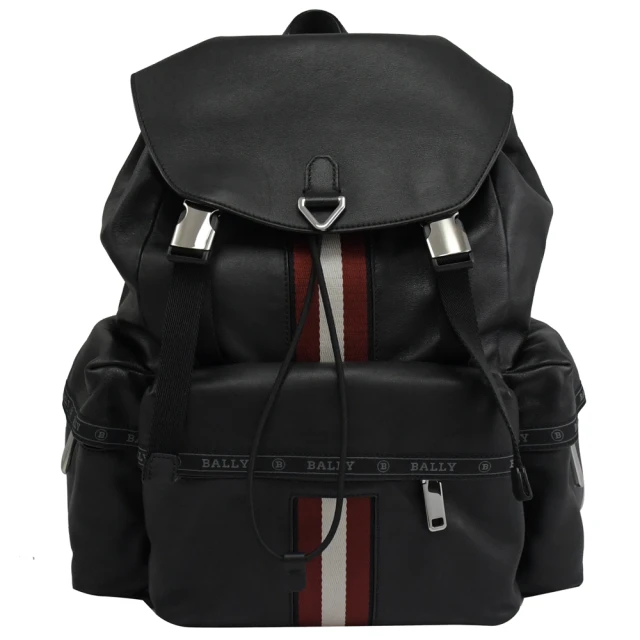【BALLY】品牌紅白紅織帶翻蓋束口三口袋旅用包後背包(黑)