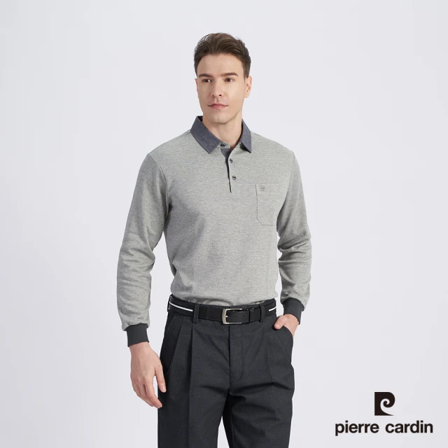 pierre cardin 皮爾卡登【pierre cardin 皮爾卡登】雙12 商務休閒 男款 棉質混紡緹花刷毛長袖POLO衫-灰色(5215272-96)