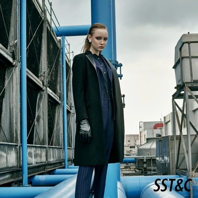 【SST&C 新品６折】50%羊毛黑色拚皮設計大衣8162112005