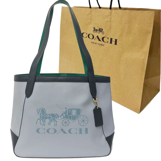 COACH【COACH】大馬車LOGO牛皮配色肩背托特包(配色藍/綠)