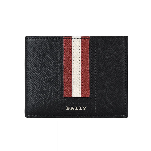 【BALLY】BALLY TEVYE金屬LOGO牛皮紅白條紋設計6卡短夾(黑)
