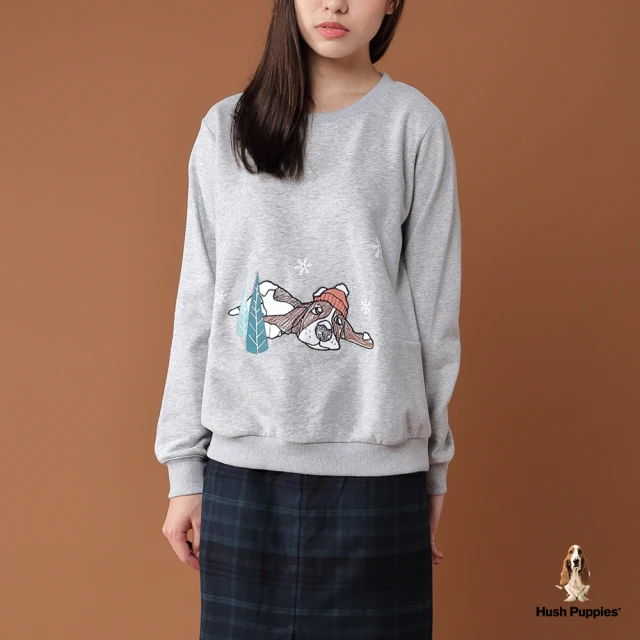 【Hush Puppies】女裝慵懶可愛刺繡狗刷毛上衣(麻灰 / 14210207)